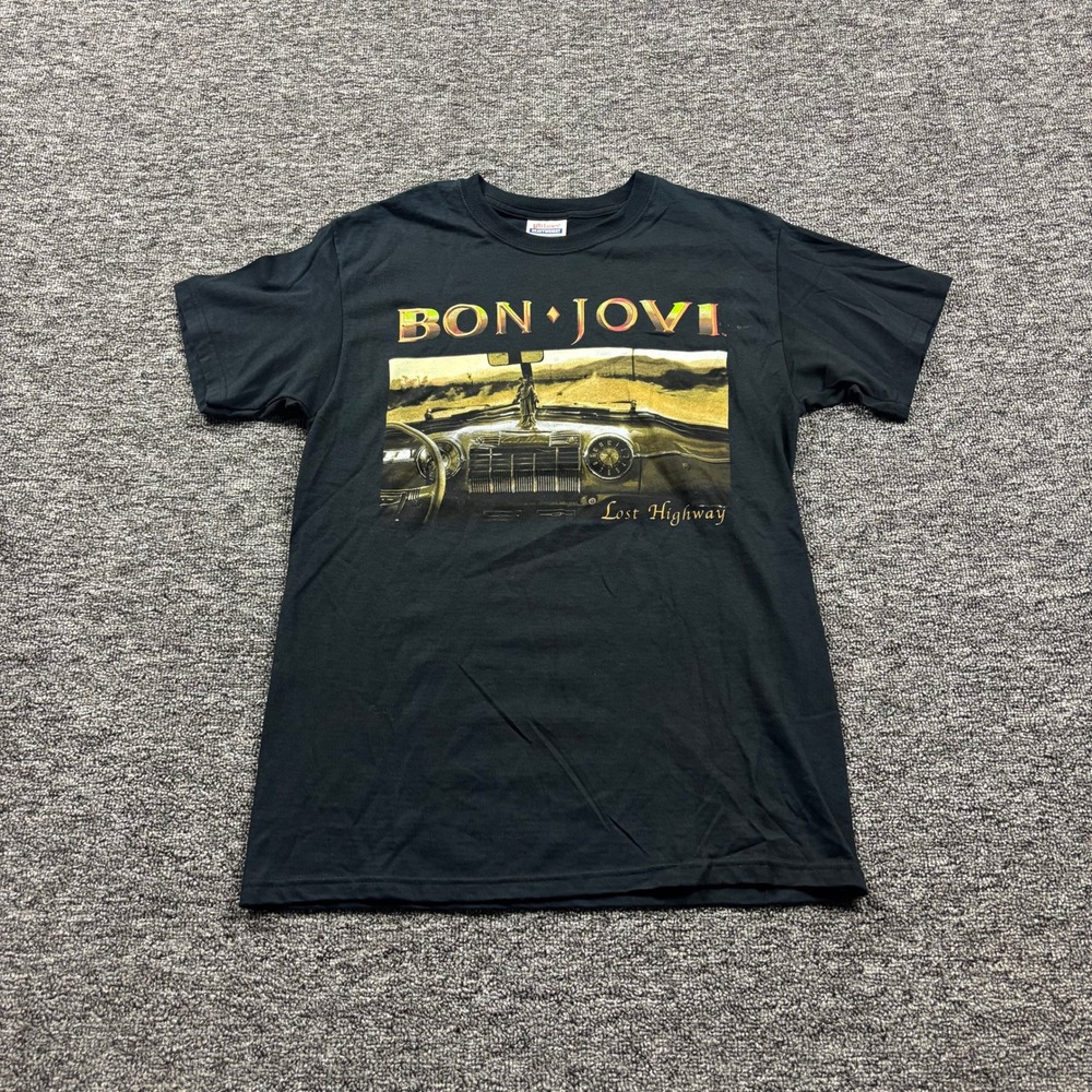 Y2K 2000s Bon Jovi Lost Highway Rock Band Album Graphic Black T-Shirt Size Small